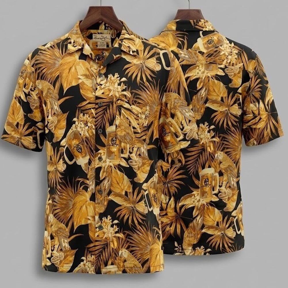 Panama Jack Mens XLG Hawaiian Shirt Black Gold Tropical Beer Parrot‎ Print Rayon